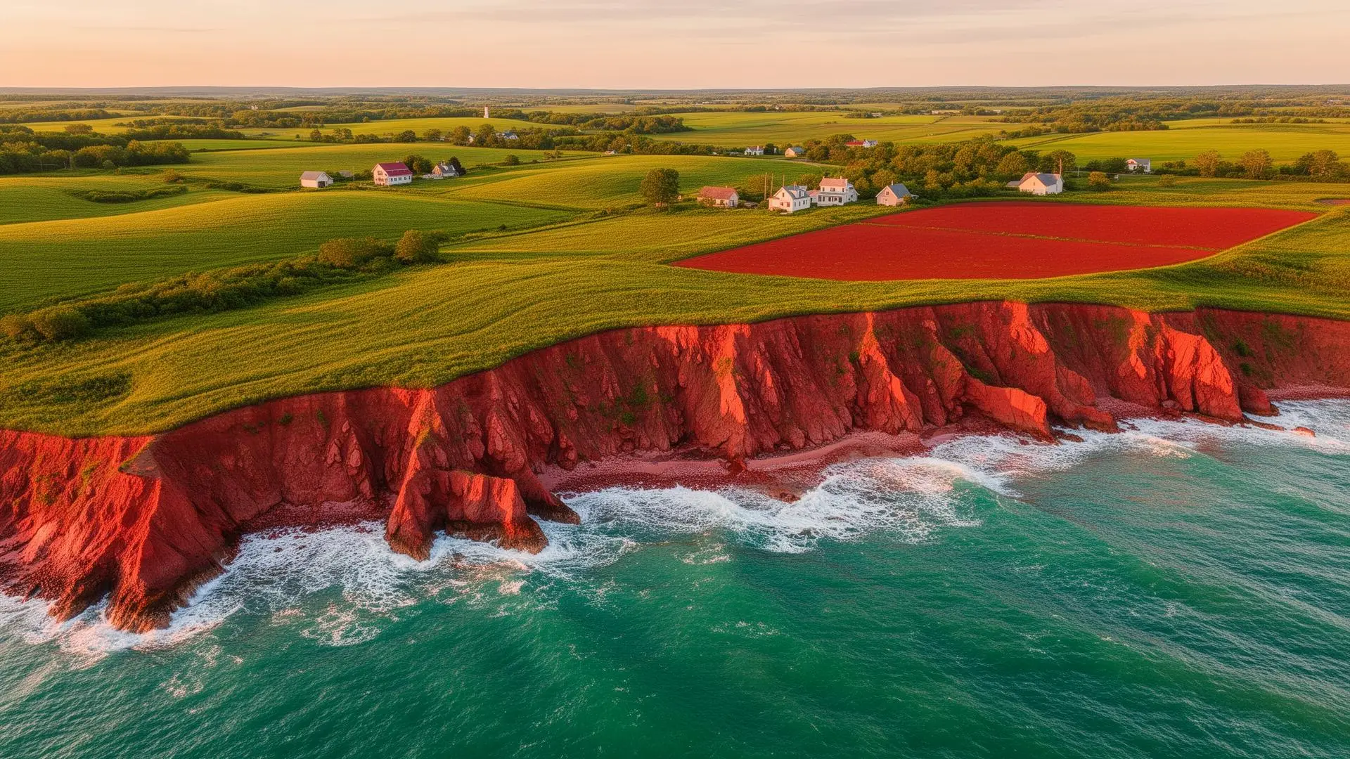 Red sandstone cliffs and farm fields along the north shore of Prince Edward Island at sunset